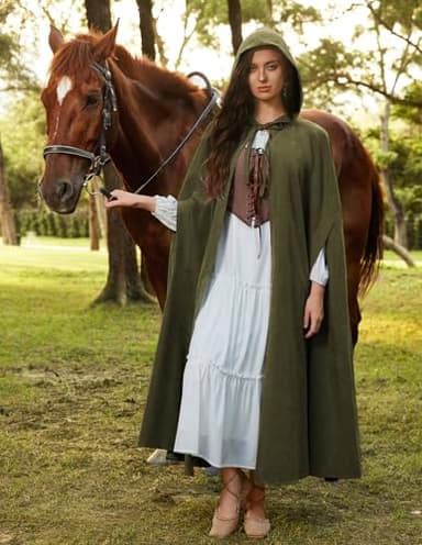 Scarlet Darkness Women Renaissance Hooded Cape Medieval Cloak Hobbit Halloween Costume Olive Green - Image 5