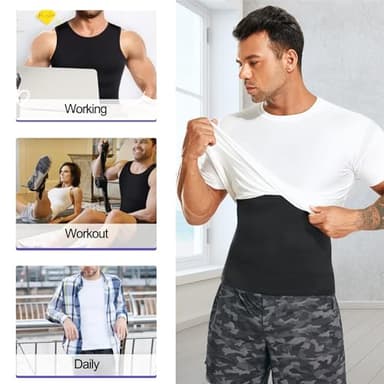 Mens Compression Shirt Slimming Body Shaper Vest Workout Tank Tops Abs Abdomen Undershirts 2 Packs - Black+Black, Large - Image 5