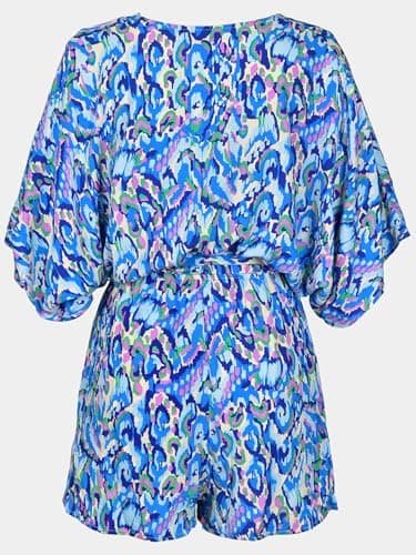 CUPSHE Women's Summer Romper V Neck 3/4 Sleeve Loose Drawstring Vacation Mini Jumpsuit Wide Leg Outfit Blue, M - Image 4