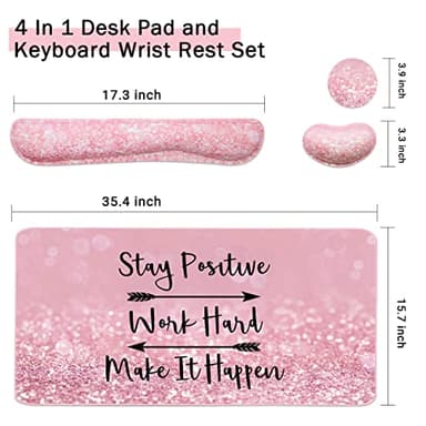 Keyboard Mouse Pad Set, Extended Mouse Pad+Keyboard Wrist Rest Support, Memory Foam Ergonomic Easy Typing, 3Pcs (35.4×15.7 in) Desk Pad Set for Home Office Study Game - Pink Stay Positive - Image 3