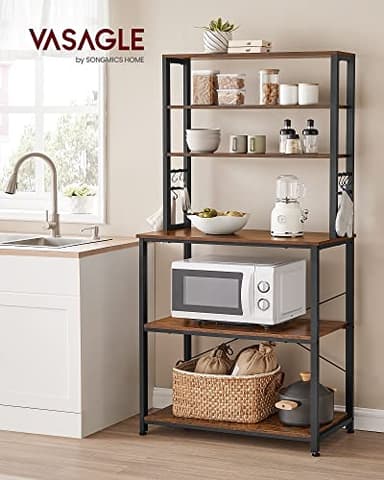 VASAGLE Coffee Bar, 31.5 Inches Baker's Rack for Kitchen with Storage, 6-Tier Kitchen Shelves with 6 Hooks, Microwave Stand, Industrial, Rustic Brown and Black UKKS019B01 - Image 2