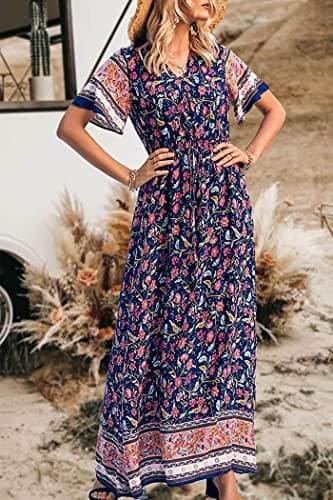 PRETTYGARDEN Women's Casual Summer Boho Floral Print Dress V Neck Short Sleeve High Waist Long Maxi Beach Dresses (Navy,X-Large) - Image 8