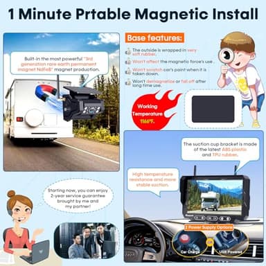 Magnetic Solar Wireless Backup Camera: 7" Portable 1 Min Easy Install Scratch-Proof No Delay Backup Camera for Truck Rechargeable HD 1080P for Trailer Small RV Camper Pemacom P15 - Image 2