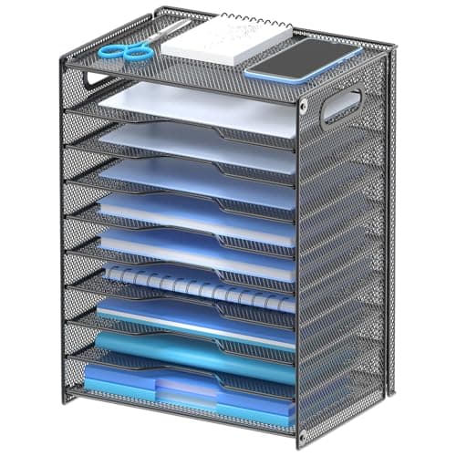 OUTWOLF 10 Tier Paper Organizer - Letter Tray Mesh Desk File Organizer with Handles for Office School Desktop, Black - Image 1