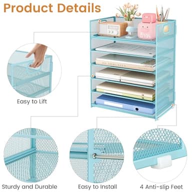 Subekyu 6 Tier Office File Paper Desk Tray Organizer with Handle, Stackable Slide Mesh Letter Tray Folder Blue Desk Organizer, Desktop Document Sorter for Classroom, Office, Home Supplies Storage - Image 5