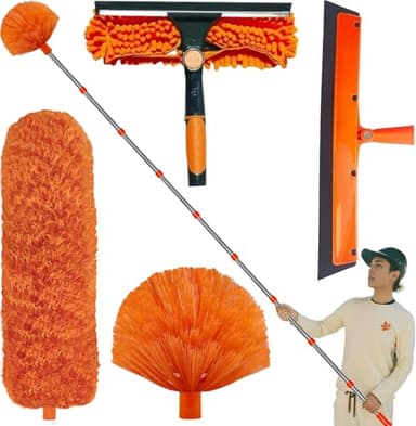 20+ Feet High Reach Duster Kit with 3-14 ft Extension Pole High Ceiling Dusting and Window Cleaning Kit with Spliceable Pole - Window Washer & Squeegee, Cobweb Duster, Fan Blade and Feather Dusters - Image 1