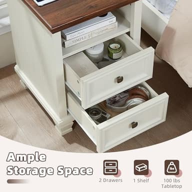 SAVOR LIFE Farmhouse Nightstand Set of 2 with Charging Station, Rustic White Nightstand,2 Drawers End Table for Living Room,Bedside Table with Open Shelf for Bed Room,White - Image 5