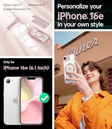 Meifigno Designed for iPhone 16E Case 6.1", [Compatible with MagSafe] [Glitter Card & Wrist Strap] [2X Screen Protectors] Surround Raised Lens Protection Designed for iPhone SE 4 Case, Rose Gold - Image 2