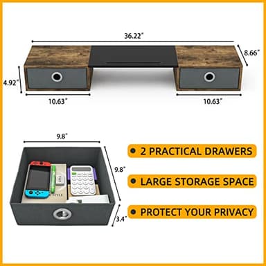 WESTREE Dual Monitor Stand Riser with Two Drawers, Extra Large Storage for 2 Monitors, Desktop Oraganizer Computer,Laptop,Screen,Printer,TV - Image 6