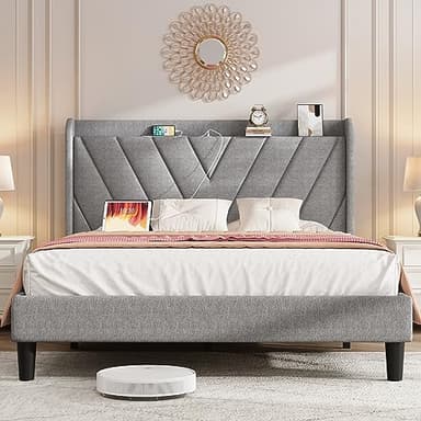 koorlian Queen Bed Frame, Linen Adjustable Upholstered Platform Bed Frame with Type-C&USB Port, Wingback Storage Headboard, Solid Wood Slats Support, No Box Spring Needed, Noiseless, Light Gray - Image 1