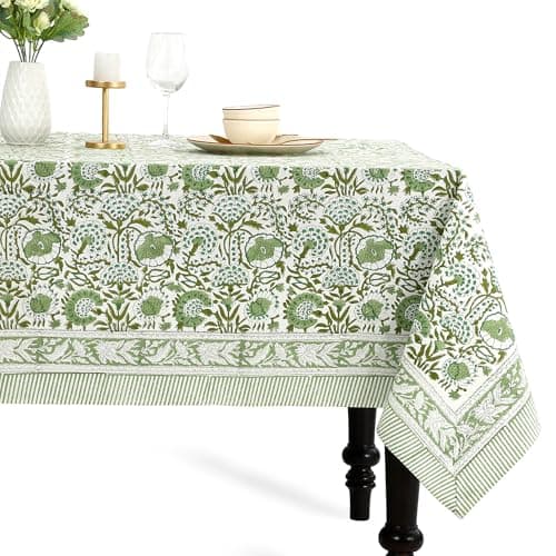 CPC Tablecloth 100% Cotton 60x90 Inch Indian Block Print Rectangle Table Cover, Washable Table Cloth for Weddings, Spring/Summer, Barbeque - Agate Green - Image 1