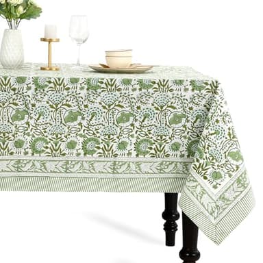 CPC Tablecloth 100% Cotton 60x90 Inch Indian Block Print Rectangle Table Cover, Washable Table Cloth for Weddings, Spring/Summer, Barbeque - Agate Green - Image 1