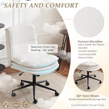VINGLI Cloud Criss Cross Legged Chair,18" High Back Armless Home Office Desk Chair with Wheels,Wide Adjustable Comfy Padded Seat Task Computer Chair,Modern Swivel Makeup Vanity Chair,Fabric,Beige - Image 4