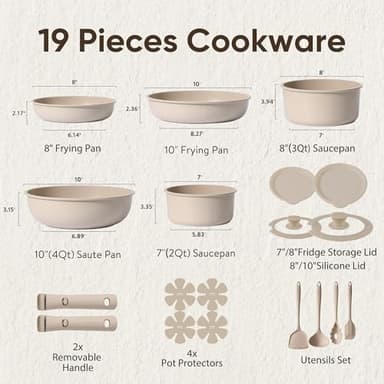 CAROTE 19pcs Pots and Pans Set Non Stick, Nonstick Cookware Set Detachable Handle, Induction Kitchen Cooking Sets with Removable Handle, RV Kitchen, Oven Safe, Taupe - Image 3