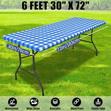 Smiry Picnic Table Cloth 2 Pack, Waterproof Elastic Fitted Tablecloths for 6FT Rectangle Tables, Washable Polyester Buffalo Plaid Tablecloth for Camping, Dining & Outdoor (Blue & White, 30" x 72") - Image 7
