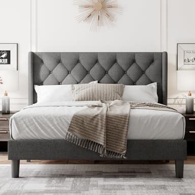 Feonase Queen Size Bed Frame with Diamond Tufted Wingback Headboard, Morden Upholstered Platform Bed, Sturdy Wooden Slats Support, Noise-Free, No Box Spring Needed, Easy Assembly, Dark Gray - Image 7