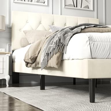HAOARA Queen Size Platform Bed Frame with Upholstered Button Tufted Headboard, Mattress Foundation with Wooden Slat Support, Noise Free, No Box Spring Needed, Easy Assembly, Beige Velvet - Image 4
