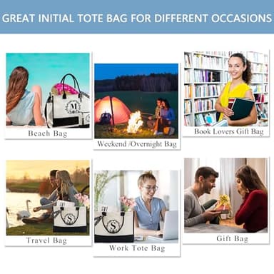 BeeGreen Birthday Gifts for Women Her, Initial Tote Bag for Mom, Mother Coworkes Teacher, Personalized Beach Bags with Make-up Bag, Large Canvas Totes with Zipper and Shoulder Straps Letter M - Image 6