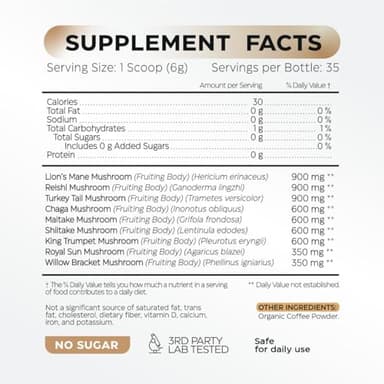 Mushroom Coffee - 10-in-1 Mushroom Superfood Adaptogen Mix - Lion's Mane, Chaga, Turkey Tail, Reishi, Organic Arabica Instant Coffee - for Gut Health, Immunity, Energy - Sugar Free - 7,4 oz (35 Serv) - Image 2