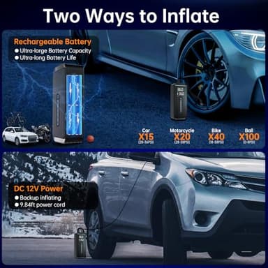 Yeaban Tire Inflator Portable Air Compressor-4X Faster 150 PSI -Rechargeable Battery & 12V DC Dual Power Supply, Smart Air Pump for Car Motorcycle Bicycle Ball with LED SOS Lighting (Black) - Image 5