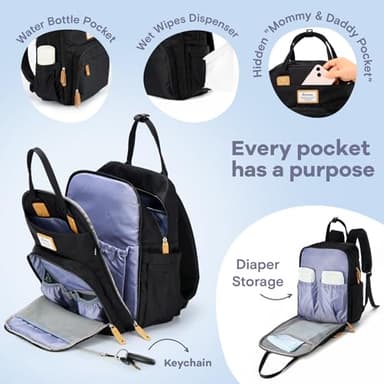 RUVALINO Diaper Bag Backpack, Multifunction Travel Pack Maternity Baby Changing Bags, Large Capacity, Waterproof, Black - Image 3