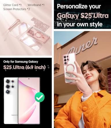 Meifigno Case Designed for Samsung Galaxy S25 Ultra 6.9 inch, [Compatible with MagSafe] [2X HD Screen Protectors] [Glitter Card & Wrist Strap] Full Lens Protection Case for Galaxy S25 Ultra, Rose Gold - Image 6