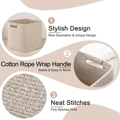 OIAHOMY Storage Cubes 11 Inch Storage Bins-3-Pack, Cotton Rope Woven Baskets for Organizing, Square Storage Baskets for Shelves Organizer, Classroom, Kids Toy Bins, Closet, Baby Nursery-Brown - Image 4