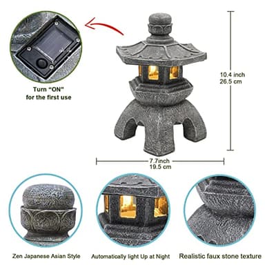 Nacome Solar Pagoda Lantern Garden Statue,Indoor/Outdoor Zen Asian Decor for Landscape Balcony,Garden,Patio,Porch Yard Art Ornament,Polyresin, Stone Finish - Image 3