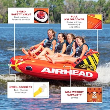 AirHead Great Big Mable, 1-4 Rider - Inflatable Towable Tube for Boating and Water Sports, Heavy Duty Full Nylon Cover & Zipper with EVA Foam Pads, Easy Inflating & Deflating, Dual Tow Points - Image 2