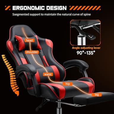 Sweetcrispy Video Game Desk Chair - Ergonomic Computer with Footrest and Comfy Lumbar Support, PU Leather Recliner with Headrest, Fixed Up Armrest, Height Adjustable with 360° Swivel, for Adults, Red - Image 4
