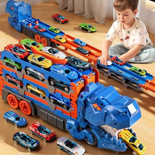 PEADUCK Toddler Toys Car Track Set for 3 4 5 6 Years Old Boys, Dinosaur Transporter Car Race Track with 12 Die-Cast Car Toys, Truck Toys Set Gifts for Age 3-12 Years Old Kids Boys Girls - Image 1