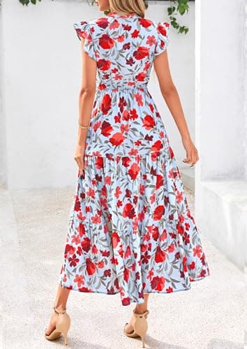 PRETTYGARDEN Women's 2025 Summer Floral Midi Dress Cap Sleeve V Neck Ruffle Long Flowy Boho Casual Beach Vacation Dresses (Floral Blue Red,Large) - Image 2
