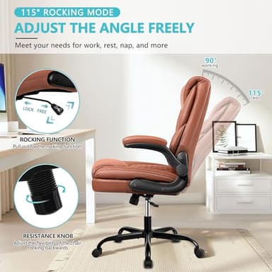BestEra Office Chair, Executive Leather Chair Home Office Desk Chairs, Ergonomic Computer Desk Chair with Adjustable Flip-Up Arms, Lumber Support Swivel Task Chair with Rocking Function (Brown) - Image 4