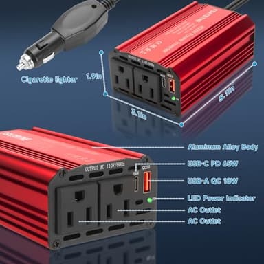 400W Power Inverter, FSATBTNE DC 12V to 110V AC Car Plug Adapter Outlet Converter with [65W PD USB-C] & [18W QC USB-A] Fast Charging Ports and 2 AC Outlets Car Power Inverters for Vehicles - Image 5