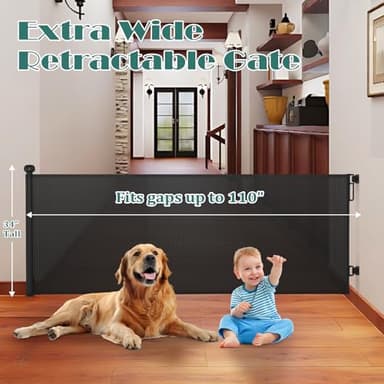 Babepai Retractable Baby Gates Extra Wide | 110" Wide x 34" Tall Dog Gates for Stairs | Indoor/Outdoor Use | Child Gates for Doorways, Deck, Porch, Hallways, Patio - Black - Image 2