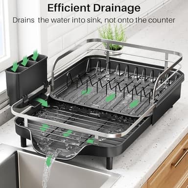 SNTD Dish Drying Rack, Expandable Dish Rack for Kitchen Counter, Stainless Steel Dish Drainer with Drainboard Set and Utensil Holder (Black) - Image 4