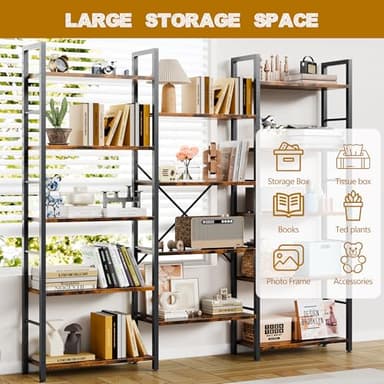 Shintenchi Triple 5 Tier Bookshelf, Industrial Large Bookcase with 14 Open Display Shelves, Large Etagere Bookshelf,Wide Book Shelf Book Case for Home & Office, Rustic Brown - Image 3