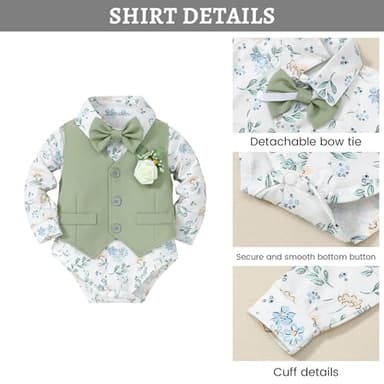 SANMIO Baby Boy Clothes Suits Easter Outfit Baby Boy Collared Dress Shirt+Vest+Tie+Corsage+Pants 5Pcs Infant Gentleman Suits Sets Light Green 6-12M - Image 3