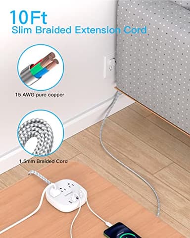 10Ft Flat Plug Power Strip, Ultra Thin Extension Cord - 3 Outlets 4 USB Ports (2 USB C) Desktop Charging Station, Cruise Ship Power Strip with No Surge Protection for Travel, Dorm Room Essentials - Image 3