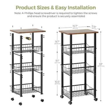 Delamu Kitchen Organizer and Storage Cart, 4-Tier Rolling Utility Cart with Wheels, Slide-Out Baskets and Table Top, for Fruit Potato Onion Vegetable Snack,Black - Image 2