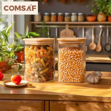 ComSaf 1.2 QT Glass Storage Containers with Lids, Glass Jars with Lids, Clear Food Jar, Square Canister Set of 6, Pantry Organizers and Storage for Cookie Flour Oat Pasta Tea Coffee Bean - Image 9