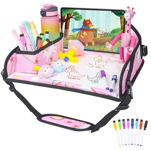 DxTing Kids Travel Tray for Car Airplane - Car Seat Tray for Kids Travel, Toddler Carseat Lap Table, Road Trip Essentials, Lap Desk for Kid Roadtrip Activities, Pink Unicorn - Image 1