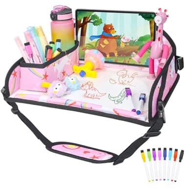 DxTing Kids Travel Tray for Car Airplane - Car Seat Tray for Kids Travel, Toddler Carseat Lap Table, Road Trip Essentials, Lap Desk for Kid Roadtrip Activities, Pink Unicorn - Image 1
