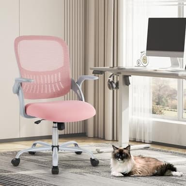 Sweetcrispy Home Office Computer Desk Chair, Ergonomic Mid-Back Mesh Rolling Work Swivel Task Chairs with Wheels, Comfortable Lumbar Support, Comfy Flip-up Arms for Bedroom, Study, Student, Pink - Image 6