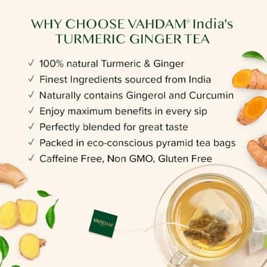 VAHDAM, Organic Turmeric Ginger Herbal Tea Bags (100 Pyramid Tea Bags) Caffeine Free, Non GMO | 100% Pure Herbal Blend - Savory & Spicy, Plant-Based Teabags | Resealable Ziplock Pouch - Image 2