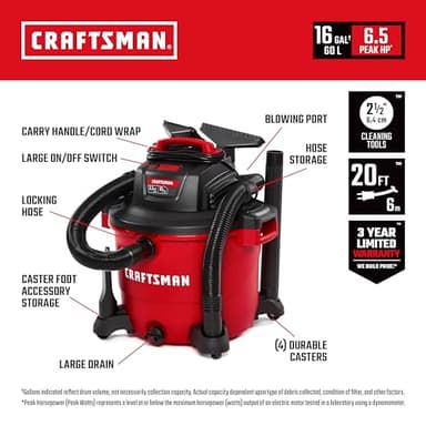 Craftsman CMXEVBE17595 16 Gallon 6.5 Peak HP Wet/Dry Vac, Heavy-Duty Shop Vacuum with Attachments - Image 2