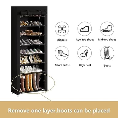 Calmootey 9 Tier Shoe Rack Organizer,Portable Shoe Shelf with Nonwoven Fabric Cover for Closet Hallway,Bedroom,Entryway,Black - Image 5