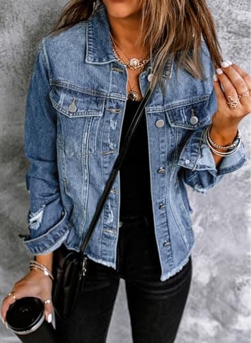 EVALESS Womens Trendy Ripped Distressed Jean Denim Jacket 2025 Fall Spring Pockets Front Slouchy Fray Hem Long Sleeve Coats,Iceland Blue Large - Image 2