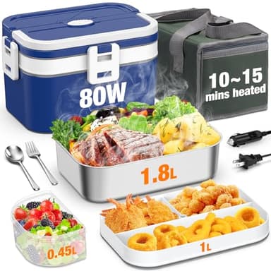 Electric Lunch Box for Adults, 2.8L Liters Double Layer Food Warmer Lunch Box, Lonchera Eléctrica Portátil, 80W Faster Food Warmer for Car/Truck/Office/Home With Fork & Spoon & Bag and 0.45L Fruit Box - Image 1