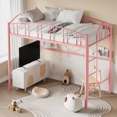 GarveeHome Loft Bed Twin Size, Heavy Duty Metal Loft Bed Frame with Arched Guardrail and Safety Ladder, Space-Saving, No Box Spring Needed, Pink - Image 3